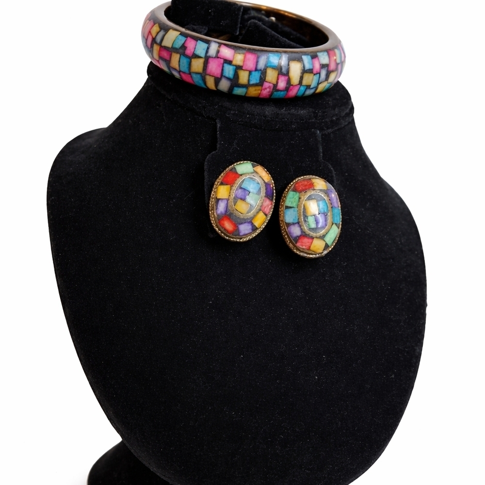 Vintage Multicolor Mosaic Inlay Bangle Bracelet &  Clip Earrings